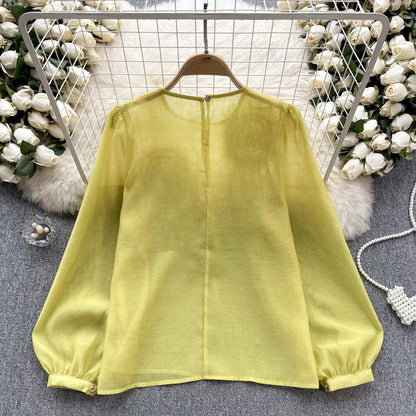 Spring Loose Satin Blouse Women O Neck Long Sleeves Sheer Bohemian Top 2024 Transparent 3D Floral Casual Shirt