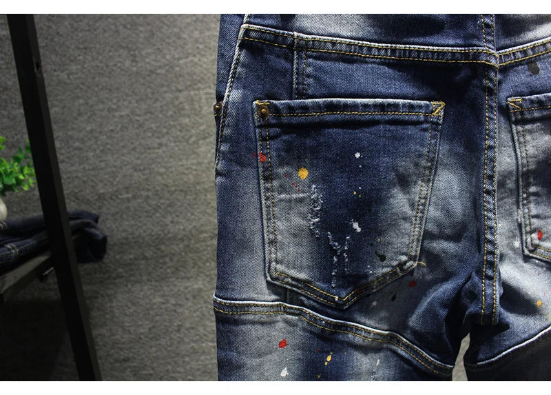 Street Fashion Men Jeans Retro Blue Stretch Slim Fit Spliced Ripped Jeans Men Painted Designer Hip Hop Vintage Denim Pants Homme