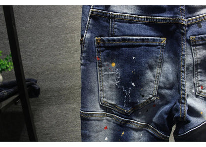 Street Fashion Men Jeans Retro Blue Stretch Slim Fit Spliced Ripped Jeans Men Painted Designer Hip Hop Vintage Denim Pants Homme