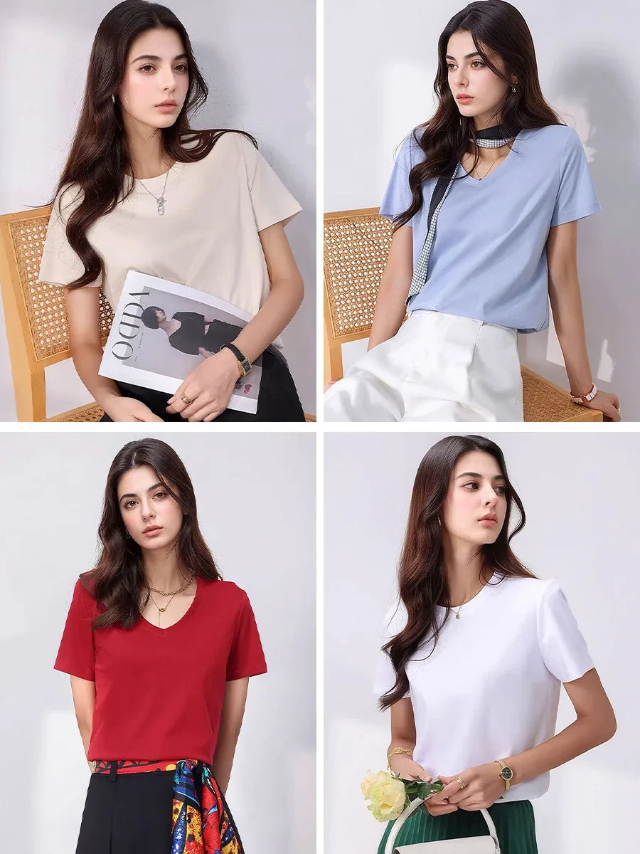 Women Solid T shirts, Silk Cotton Blend, O Neck, Short Sleeved Solid Tee,2025 Summer Candy Colors Basic Cozy Top Green