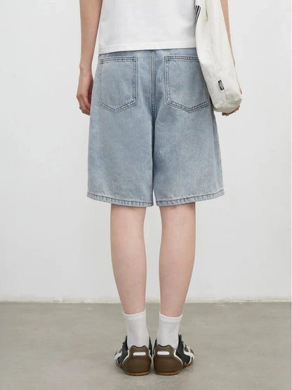 Fashion Women Shorts Mid-length Blue New Dividing Line Design Retro Washed Cotton Straight Leg Short Jeans Summer 2026