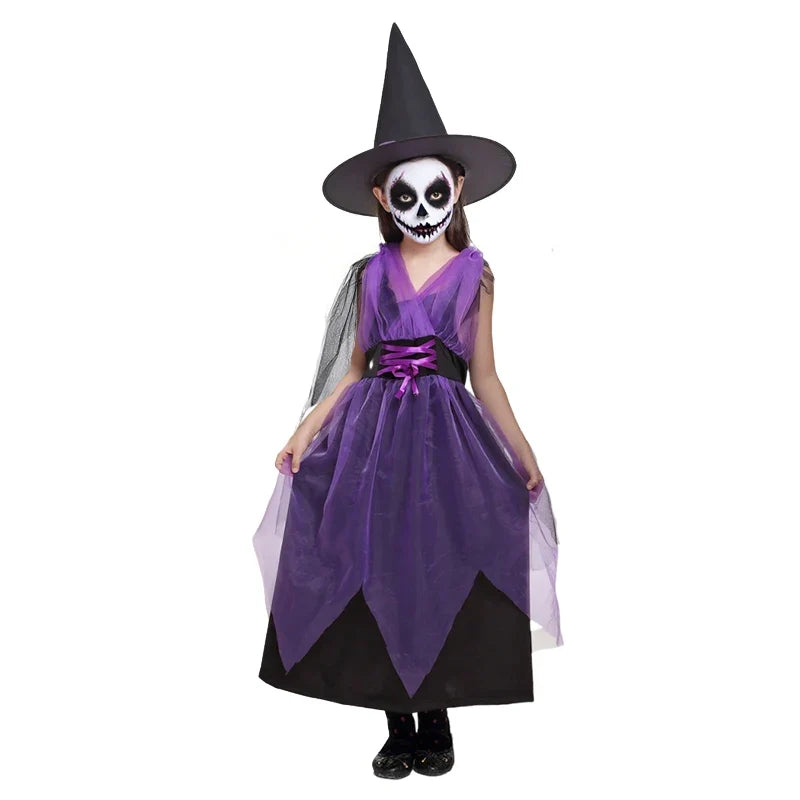 Halloween Costume for Kids Girls Purple Bat Dress Halloween Fantasy Vampire Costume Witch Cosplay Clothes Carnival Party Gifts