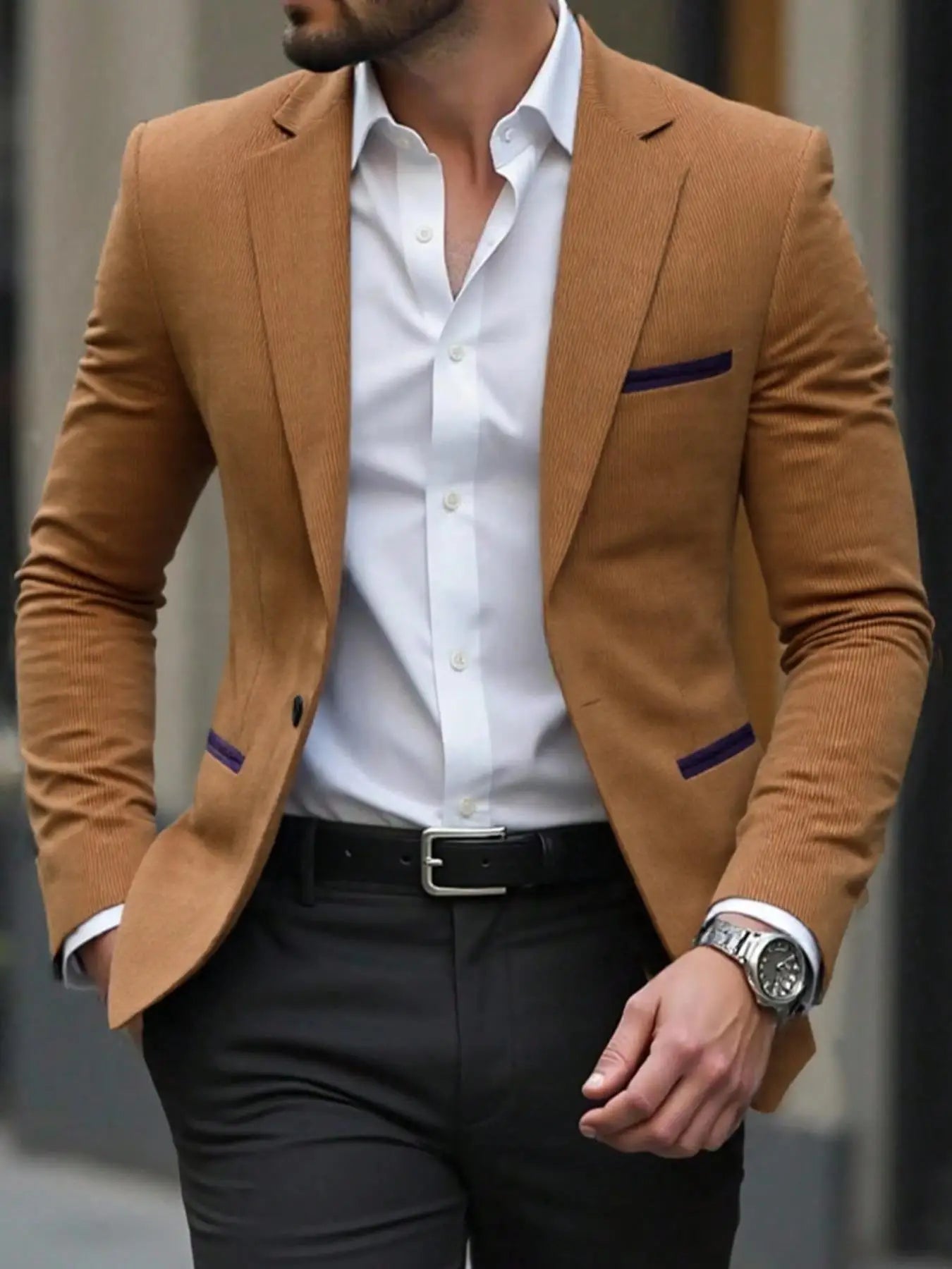 Men's Corduroy Blazer Jacket Medium Thick Business Suit Spring & Fall Season Fitted Design Woven Fabric Style