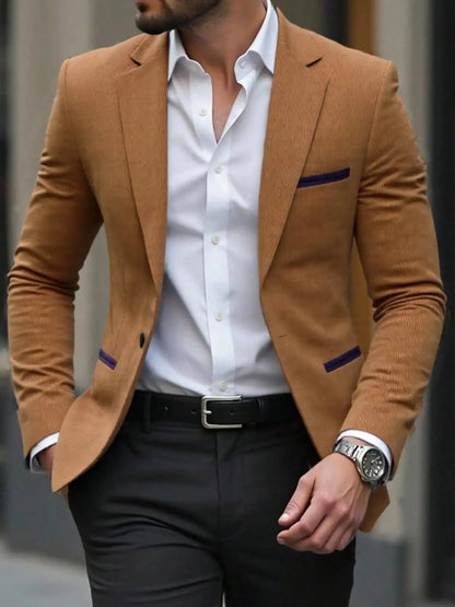 Men's Corduroy Blazer Jacket Medium Thick Business Suit Spring & Fall Season Fitted Design Woven Fabric Style