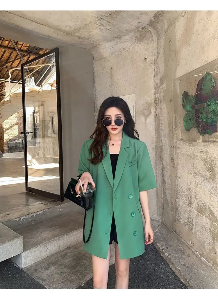 Korean Fashion Loose Thin Blazer Women Spring Autumn New Extra Large Mid Length Short Sleeved Women Coat Casual Outwear