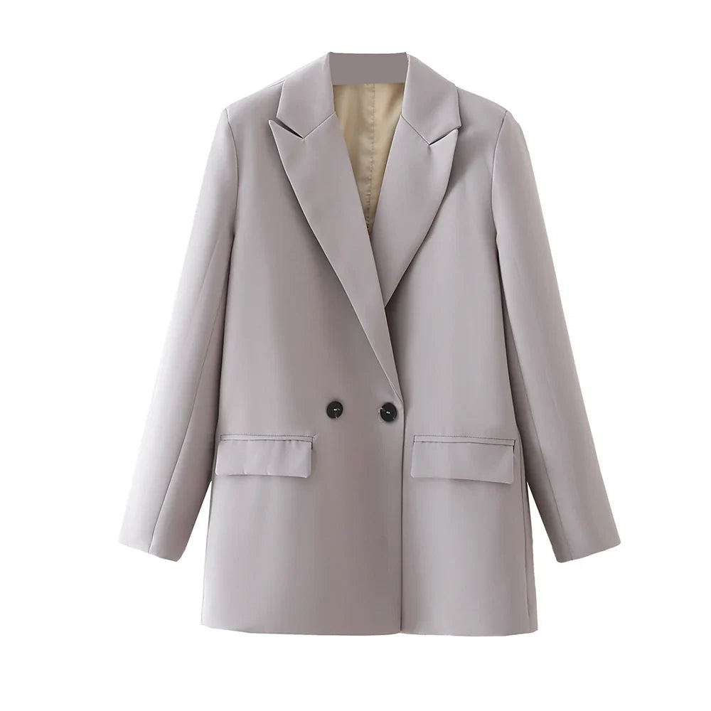 Women Chic Office Lady Double Breasted Blazer Vintage Coat Fashion Notched Collar Long Sleeve Ladies Outerwear Stylish Tops