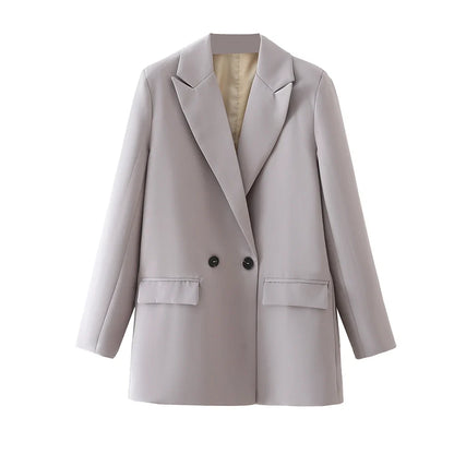 Women Chic Office Lady Double Breasted Blazer Vintage Coat Fashion Notched Collar Long Sleeve Ladies Outerwear Stylish Tops