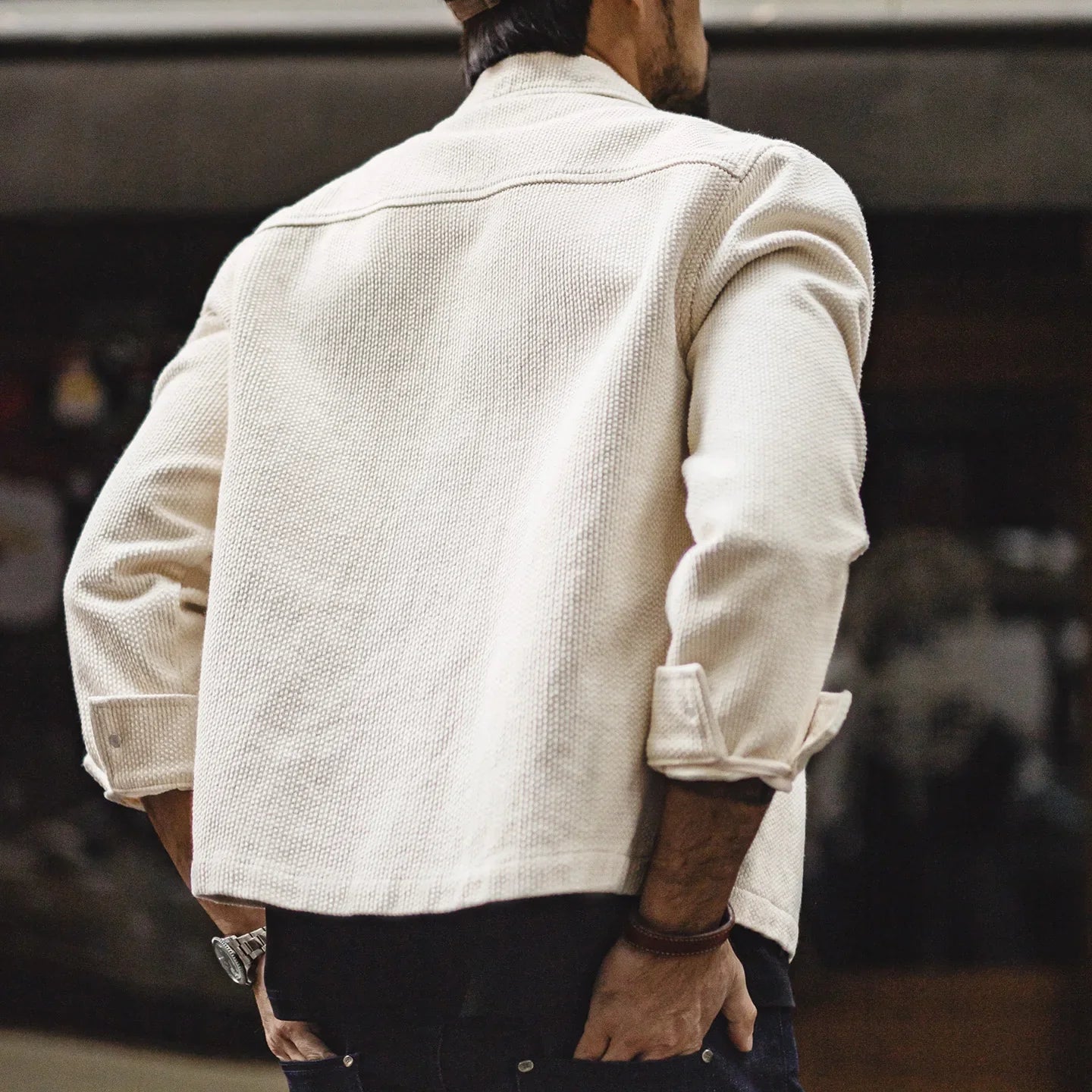 Men's Vintage White Jacket Heavyweight Cotton Turn-Down Collar Zip-Up Short Outwear Canvas Fitted Fit Spring Autumn Coat