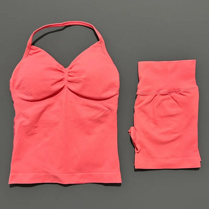 2 Piece Sports Set Women Seamless Yoga Tank With Removable Pads Top Scrunch Butt Workout Leggings Suit Gym Sports Sets