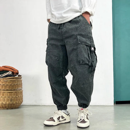 High Quality Snow Wash Distressed Cargo Pants Men Korean Fashion Plus Size Harem Pants Streetwear Joggers Casual Baggy Trousers