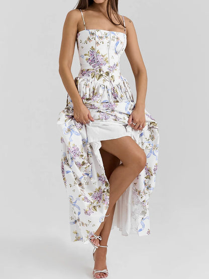 Summer Floral Print Dress Elegant 2025 New Arrivals Spaghetti Strap Flare Dress Maxi Holiday Party Dresses Women