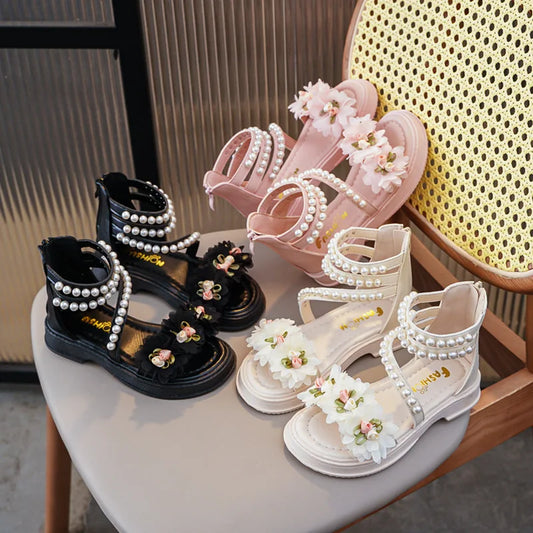 Children's Sandals for Girls Elegant Sandals Pearl Beading Sweet Princess Dress Shoes Kids High-top Roman Sandals Back Zipper