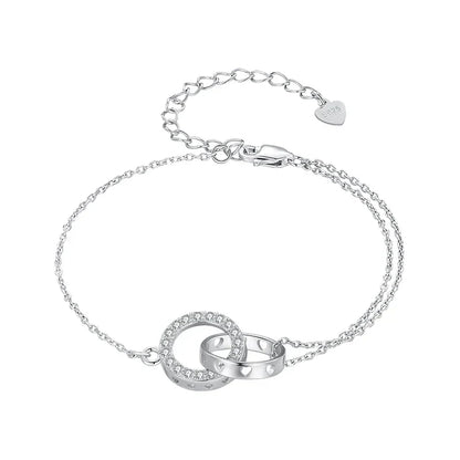 925 Sterling Silver Double Circle Bracelet Eternity Adjustable Chain Link Platinum Plated for Women Valentine's Day Gift
