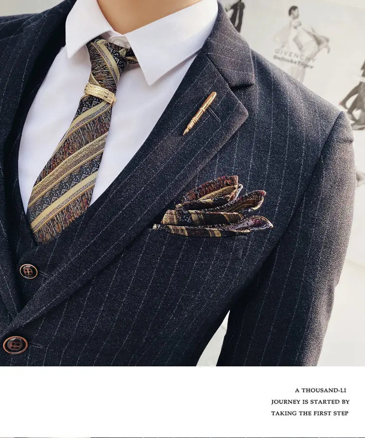(Blazer+Vest+Pants) 2024 New Striped  Wedding Suits  for Men Three Piece Business Casual Party Multi-Occasion Slim Dress