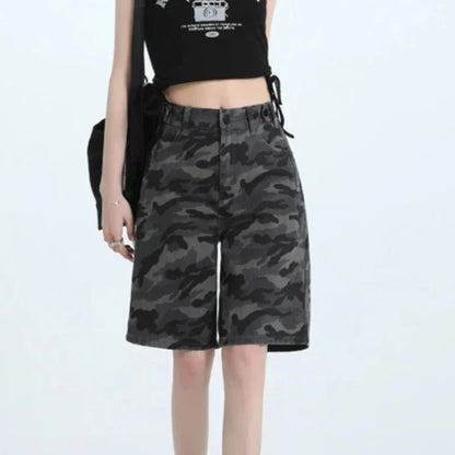 Women's High Waist Loose Straight Leg Camouflage Denim Shorts Korean Y2K Spring Summer Streetwear Five-Point Jeans