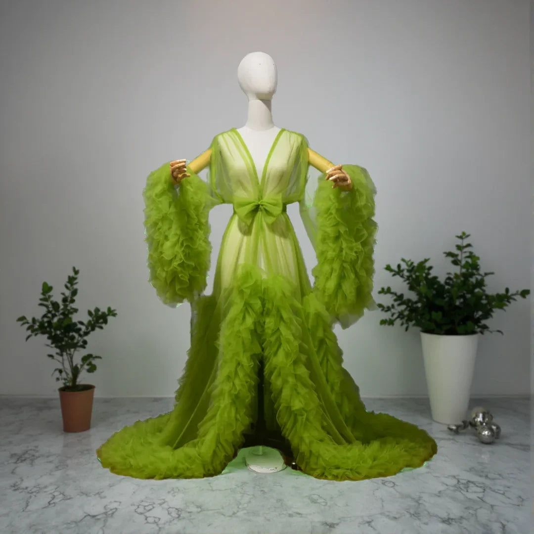 Perspective Sheer Long Tulle Robe Puffy Pregnancy Maternity Dress for Baby Shower Nightgown Sleepwear Bride Boudoir Robe Custom