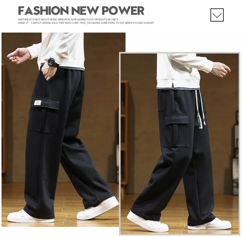 2026 New in Wide Leg Pants Men Autumn Straight Elastic Waist Baggy Cargo Trouser Male Relaxed Streetwear Sweatpant Plus Size Big