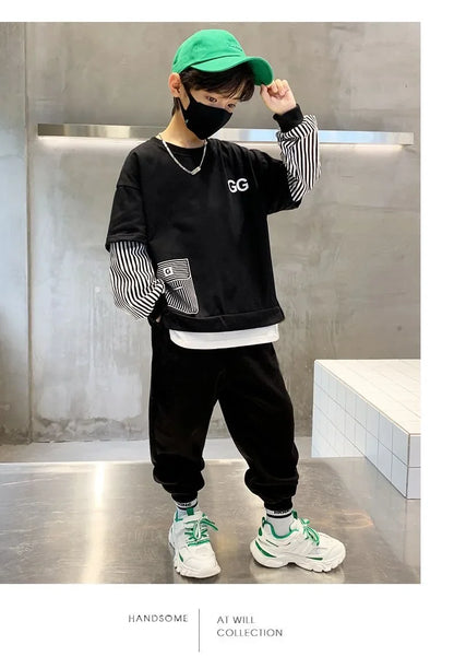Spring Autumn Girls Boys Striped Patchwork Workout Sweatshirt+Sweatpant Set School Kid 2PCS Tracksuit Child Jogger Outfit 3-14Yr