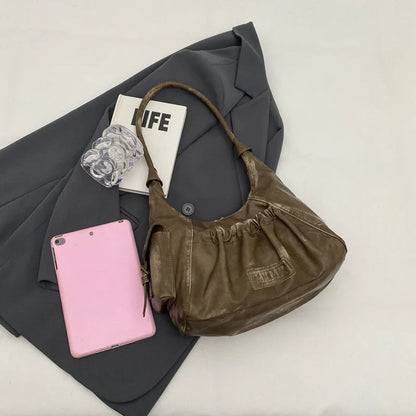 Retro Leather Shoulder Bags for Women 2025 Spring Vintage Underarm Bag Handbags and Purses Latest Fashion Hand Bag