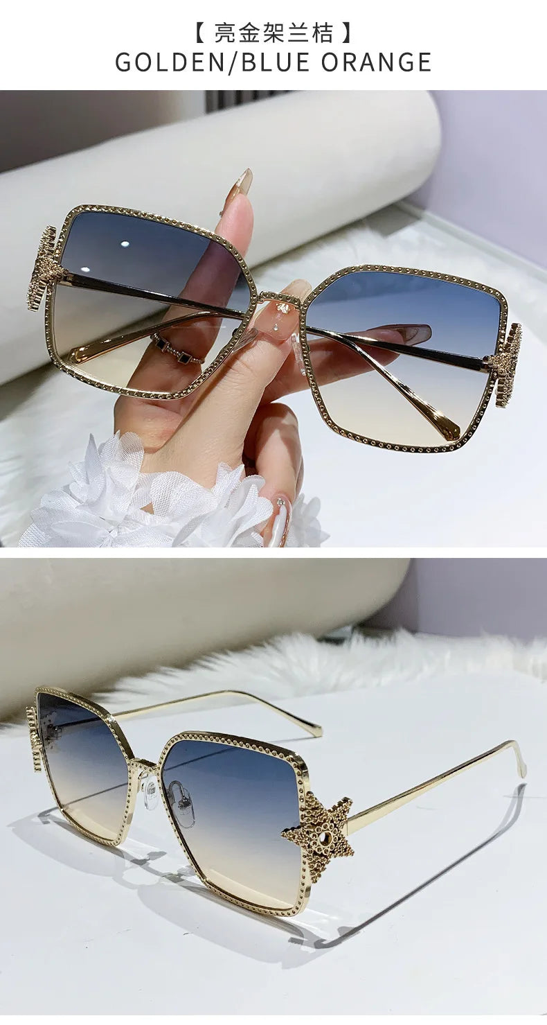 Metal Frame Oversized UV400 Sunglasses Women Men Star Design New Trendy Square Sun Glasses Ladies Vintage Cool Gafas De Sol
