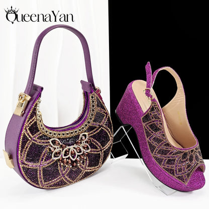Sky Blue Elegant Nigerian Rhinestone Wedding Shoe and Bag Set Italian Inspired High Heels and Matching Handbag