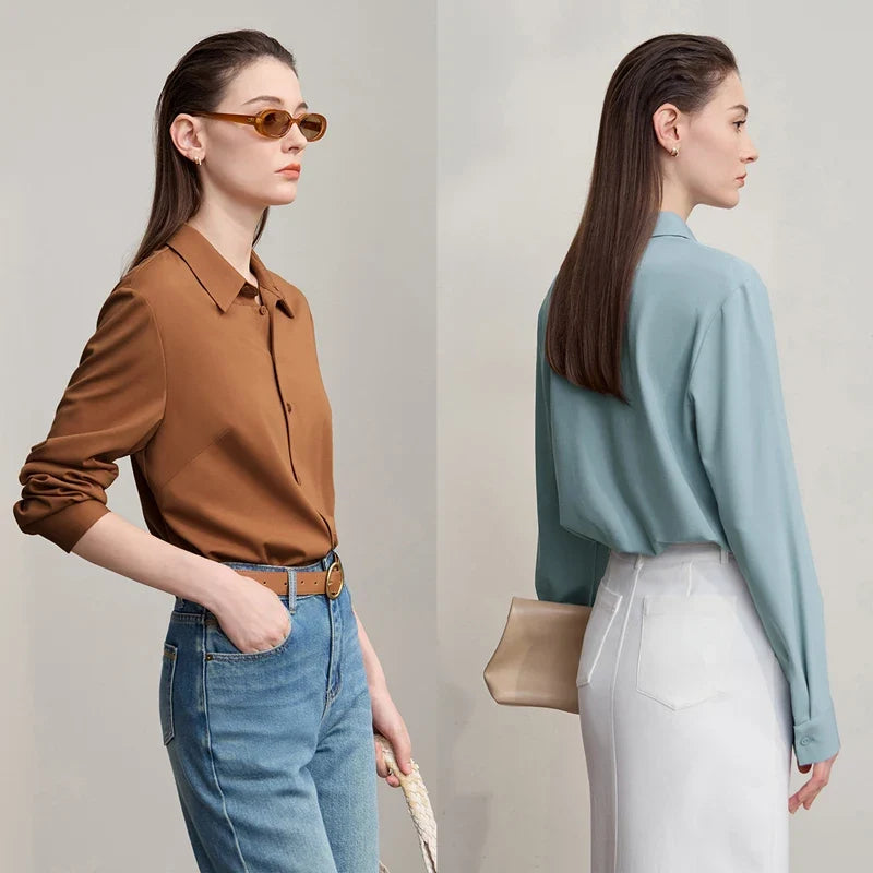 Women's Shirt 2025 Autumn New Minimalist Solid Knitted Ladies Tops Versatile Long Sleeve Straight Women's Blouse 12553101