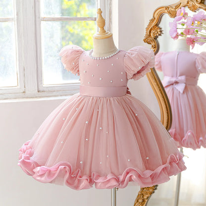 Summer Flower Girls Dress Elegant Imitation Pearl Birthday Party Prom Dress Girl Tulle Wedding Bridesmaids Pageant Princess Gown