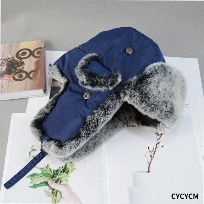 New Natural Soft Rex Rabbit Fur Caps Russia Winter Real fur Hat Men Outdoor Windproof Super Warm Real Rex Rabbit Fur Bomber Hats