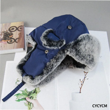 New Natural Soft Rex Rabbit Fur Caps Russia Winter Real fur Hat Men Outdoor Windproof Super Warm Real Rex Rabbit Fur Bomber Hats