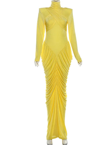 Autumn New Style Maxi Dress Women Turtleneck Full Sleeve Backless Skinny Stretch  Prom Party Ruched Elegant Vestidos