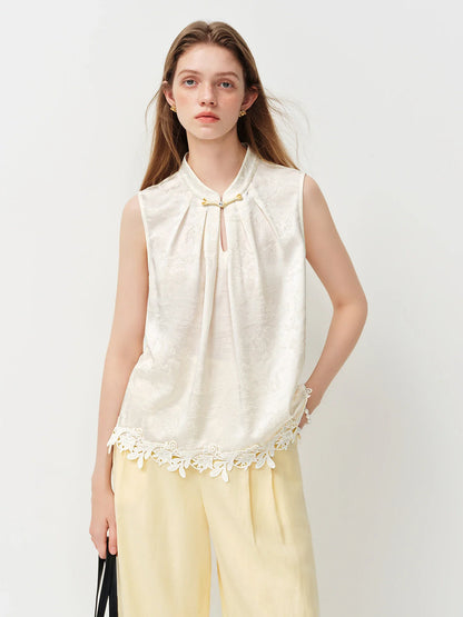 2026 Spring Women's Oriental-Inspired Lace Panel Sleeveless Blouse - Stand Collar with Frog Closure Elegant Top for Daily