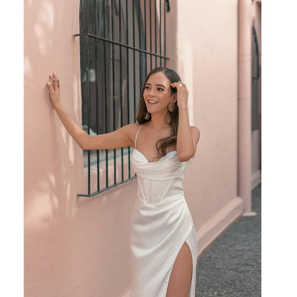 New Summer Prom Dress Women'S Sling Sleeveless Solid Color Dress One Word Neck Slim Fit Open Back Slit Red Sexy Dress