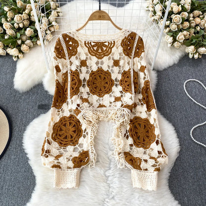 Hook Flower Hollow Out Tops Women Long Lantern Sleeves Tassels Vintage Bohemian Loose Beachwear Hotsweet Knit Blouse