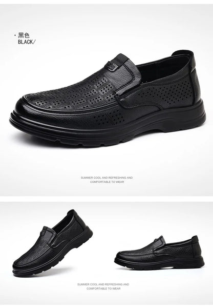 Men's Summer Breathable Leather Loafers Brown Hollow Out Slip-On Shoes Male Thick Sole Comfortable Non-slip Work Shoes for Man