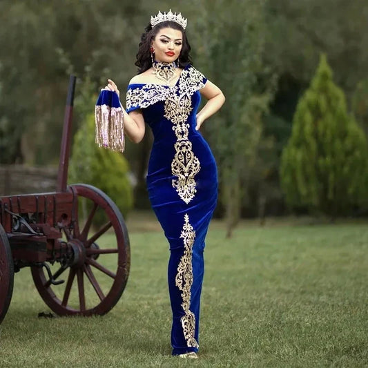 Moroccan Kaftan Caftan Muslim Evening Dresses Gold Lace Appliques Cap Sleeve Royal Blue Mermaid Velvet Arabic Long Prom Gowns