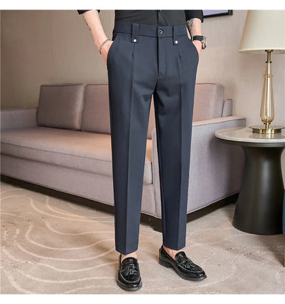 Mens Suit Pants 2026 Spring New British Style Elastic Waist Solid Casual Formal Dress Pants Slim Fit Trousers for Men Clothing