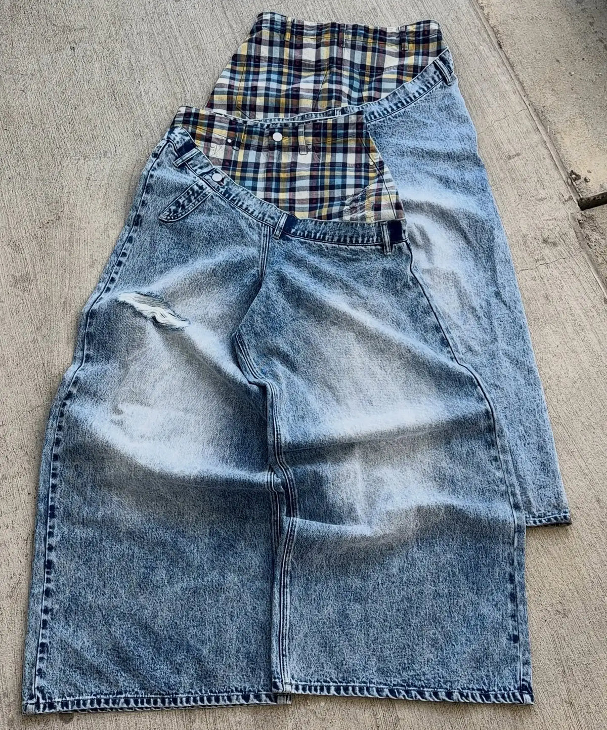Y2k Slanted Runway Baggy Jeans Retro Plaid Patchwork Men Women Wide Leg Pants American Hip Hop Streetwear Unisex Casual Jeans
