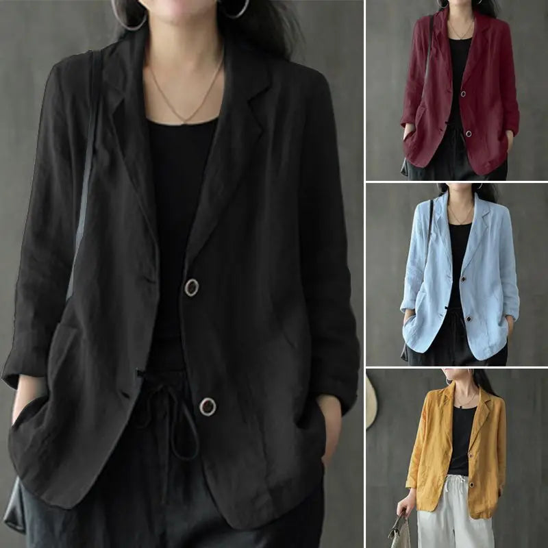 Women Lapel Neck Long Sleeve Blazer Autumn Vintage Casual Solid Cotton Blazer Elegant Cardigan Thin Coats Work Suits