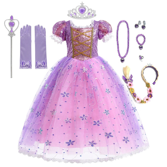 Girl Rapunzel Dress Kids Carnival Princess Costume Children Luxury Print Ball Gown Lace Sequin Gradient Fluffy Frocks