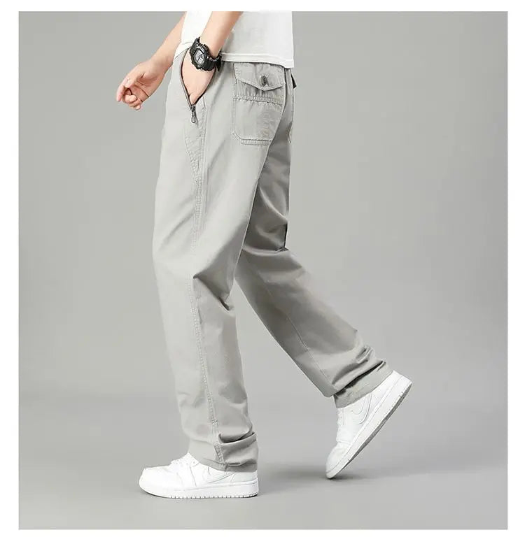 High Quality Men's Cargo Pants Elastic Waist Cotton Trousers Tacitcal Pants Spring Autumn Hiking Work Pants with Zip Pockets