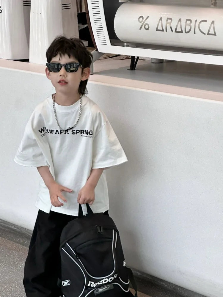 Red Cotton T-Shirt for Tween Boys Girls Loose Fitting Trendy Unisex Summer Top with Embroidered Letters Youthful Casual Wear