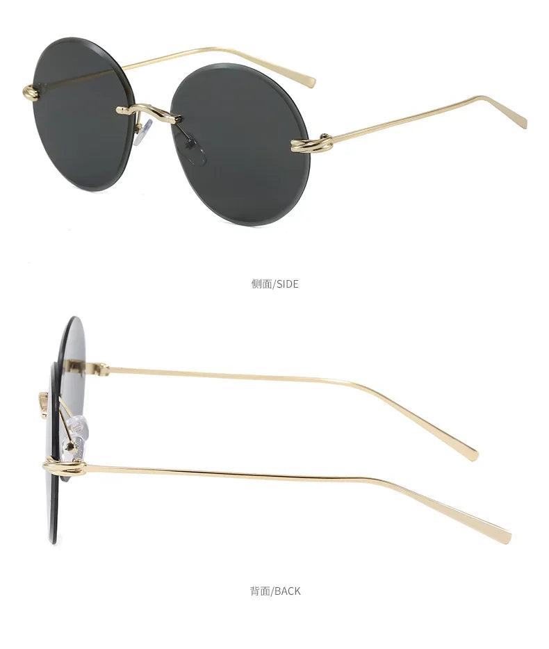 2026 New Fashion rimless circle frame sunglasses for women new alloy oversize gradient knot sun glasses ladies sexy shades uv400