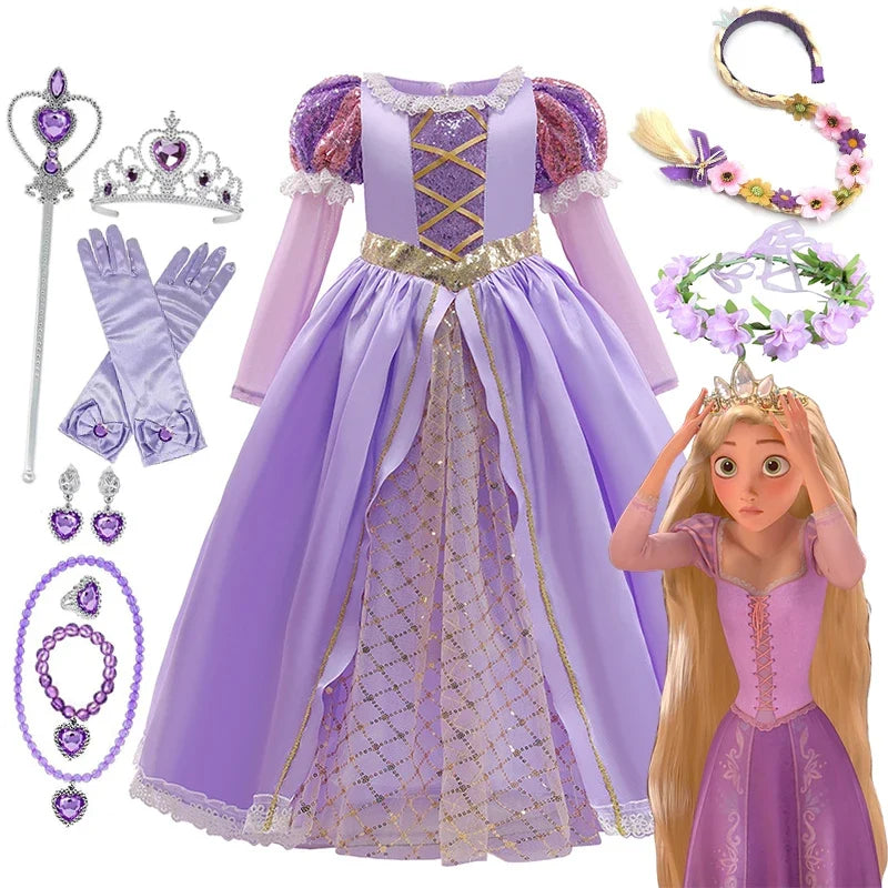 Girls Disney Rapunzel Dress Kids Tangled Disguise Carnival Girl Princess Costume Birthday Party Gown Outfit Clothes 2-10 Years