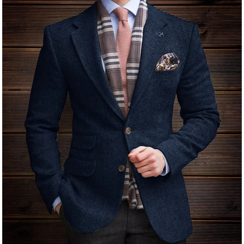 High Quality Men's Vintage Herringbone Tweed Blazer Wool Blend Single Breasted Lightweight Casual Sport Coat Formal Jacket