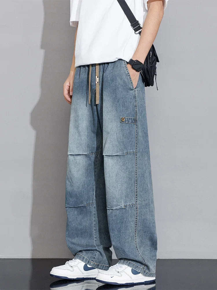 Men's Cargo Jeans 2026 New Spring Summer Wide Leg Denim Pants Straight Baggy Jeans Asian Size L-5XL