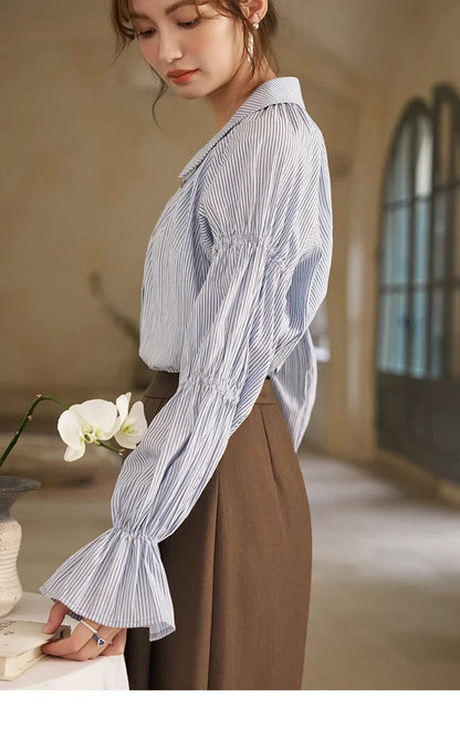 Women's Blue Stripe Shirt 2024 Spring Fashion French Retro Bubble Sleeves Doll Neck Loose Tops Office Lady MXD12C0163