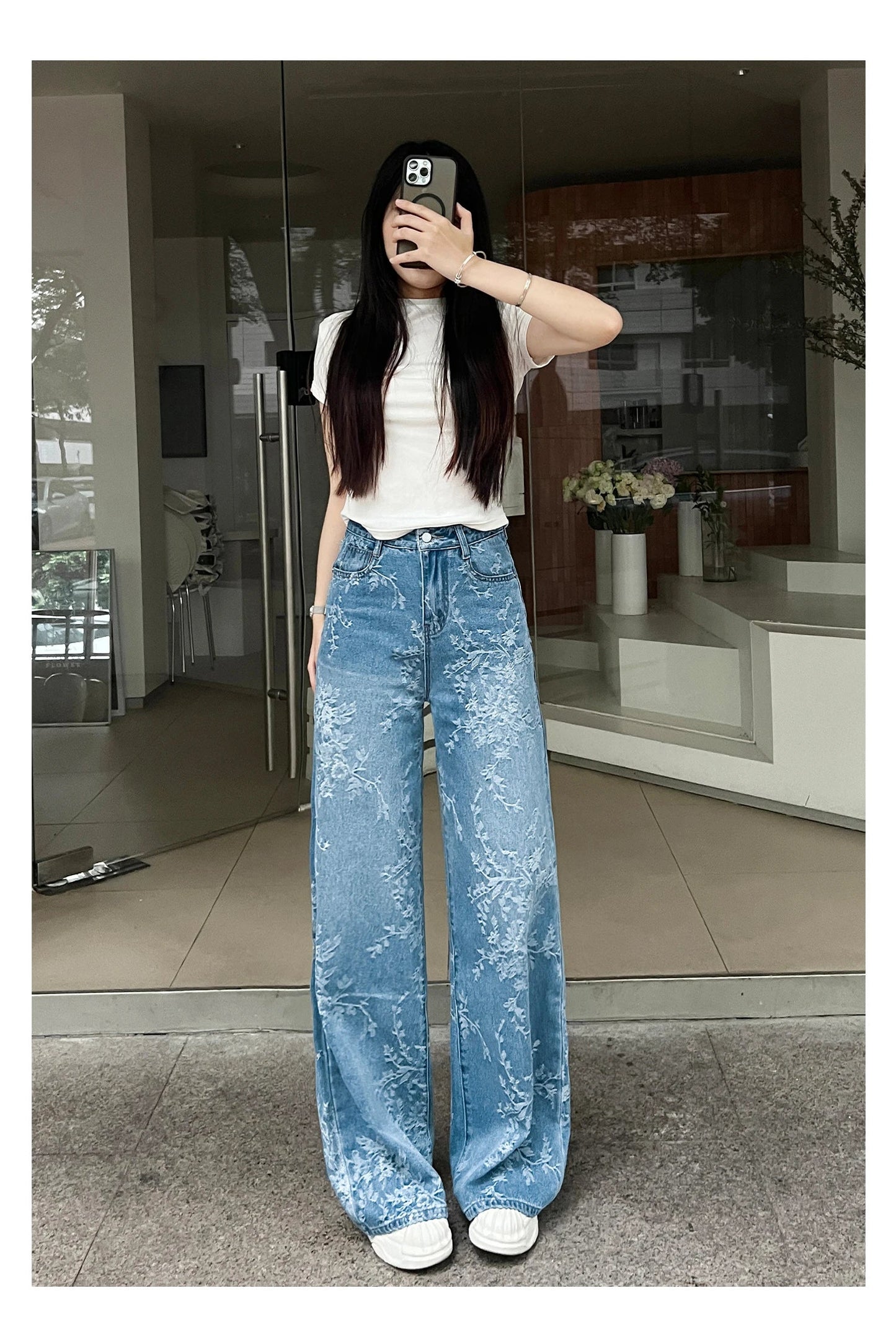 Women's Embroidered Floral Wide Leg Jeans High Waist Slim Fit Straight Cut Summer New Sle Thin Version Casual Denim Pants