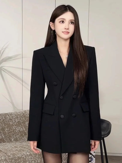 Slimming Black Suit Jacket Women's Midi Length Waist-Cinching Spring Fashion Elegant High-End Feelings Business Casual Coat