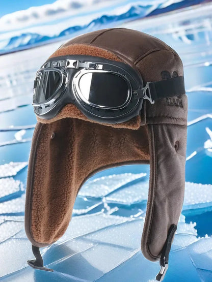 Men Winter Bomber Hat With Goggles Outdoor Motorcycle Windproof Warm Faux Fur Pilot Earflap Hat Leather Thermal Ushanka