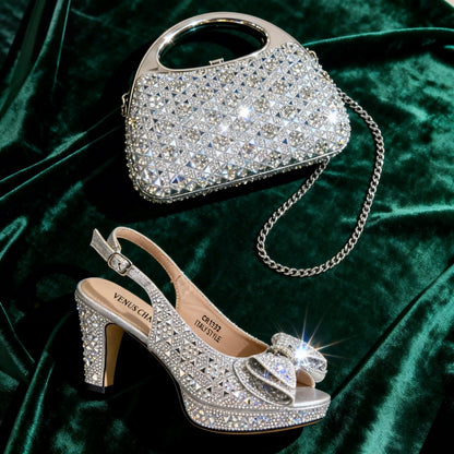Chic Green Rhinestone Peep-Toe High Heel Sandals and Elegant Matching Bag Set for Women's Parties and Weddings - Italian Design